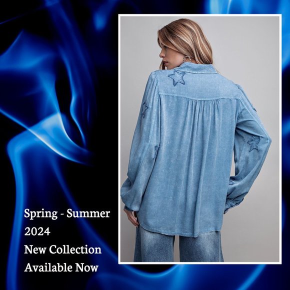 EASEL "STAR STRUCK" Embroidered Silk-Like Mineral Wash Button Up, Cuffs, Pockets - Picture 3 of 16